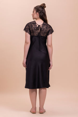 Black satin Night dress with Lace detail