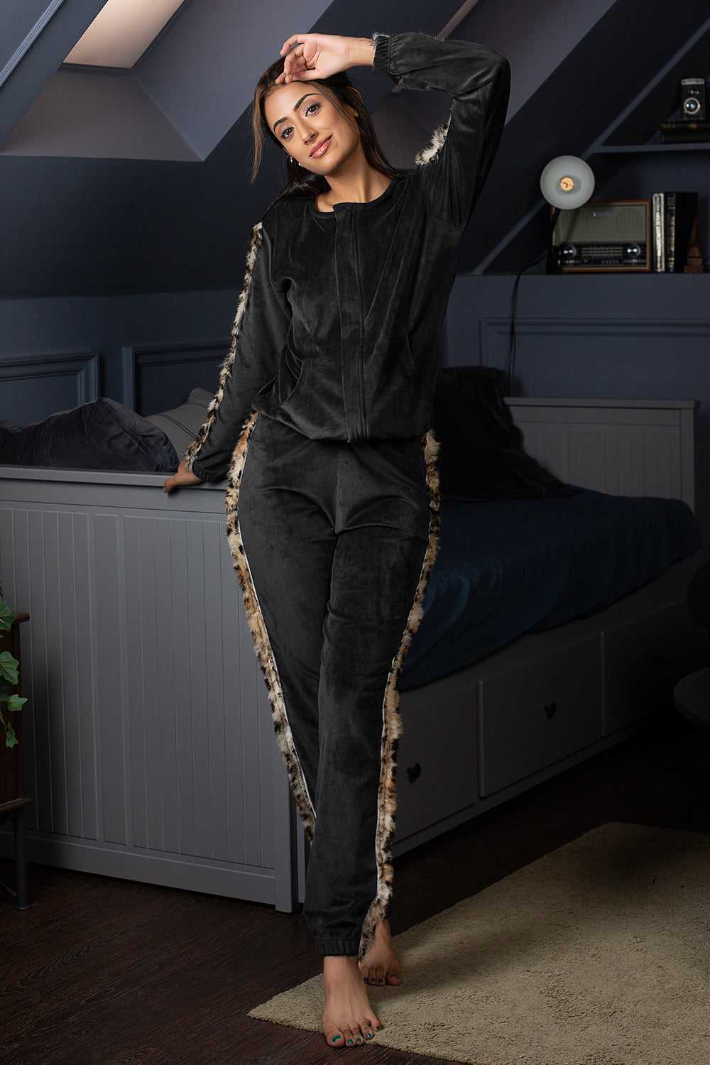 Black Velvet Track suit with Fur detail