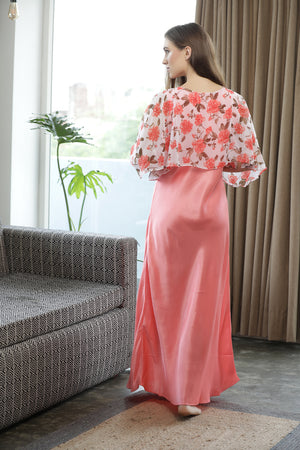 Plain Satin Nighty with Print Chiffon Cape Private Lives