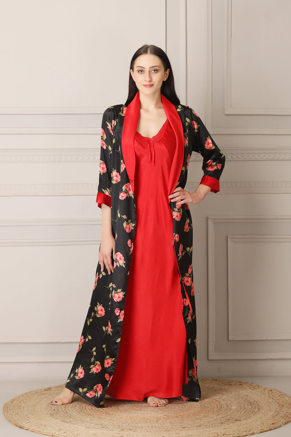 Red Satin Nighty & Print Robe Nightgown set Private Lives