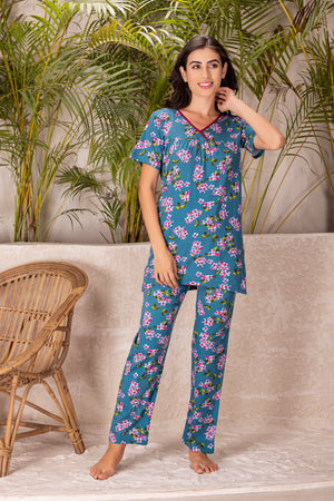 Floral Cotton night suit with Front Gathers