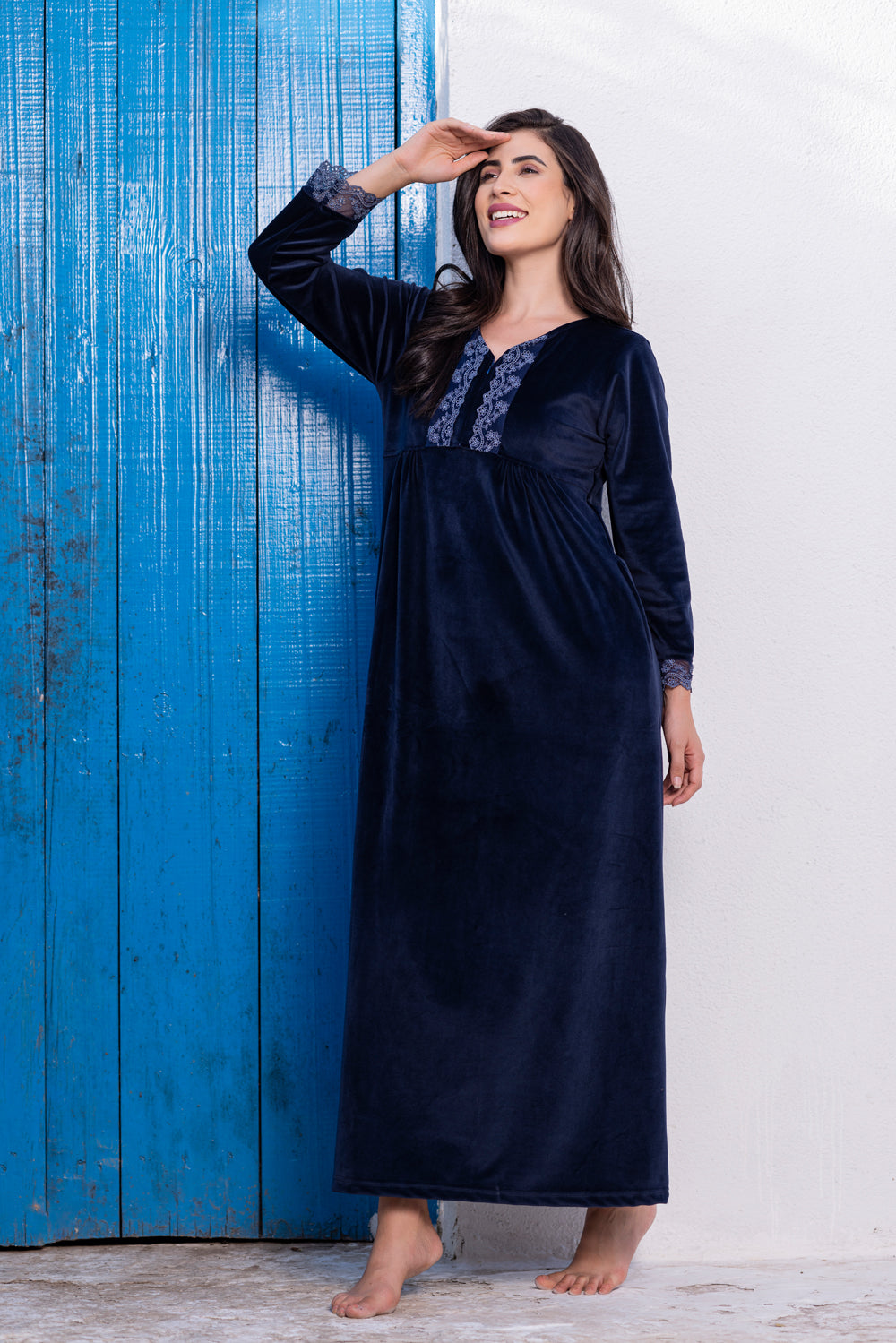 Soft & Cozy Blue Velvet Nighty with lace trims