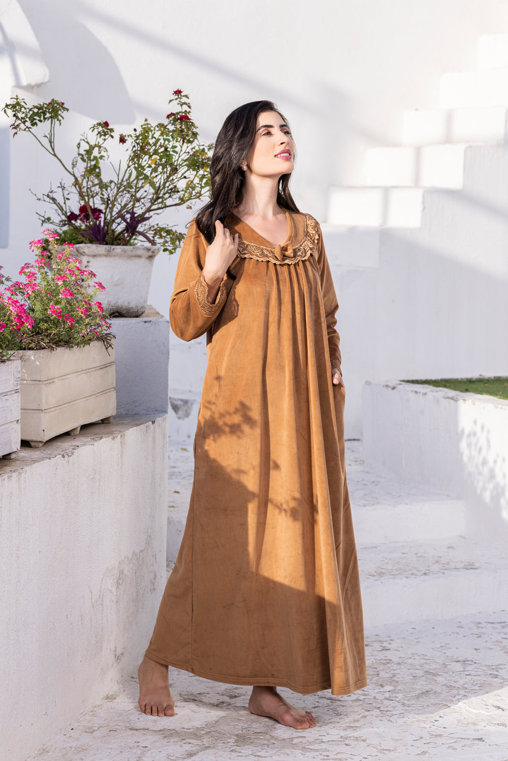 Velvet nighty with lace detail in Caramel