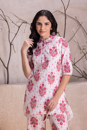 White Cotton Printed Summer Co Ord Set