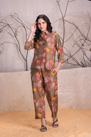Brown Cotton Co-ord Set With Golden Buttons