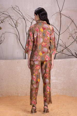Brown Cotton Co-ord Set With Golden Buttons
