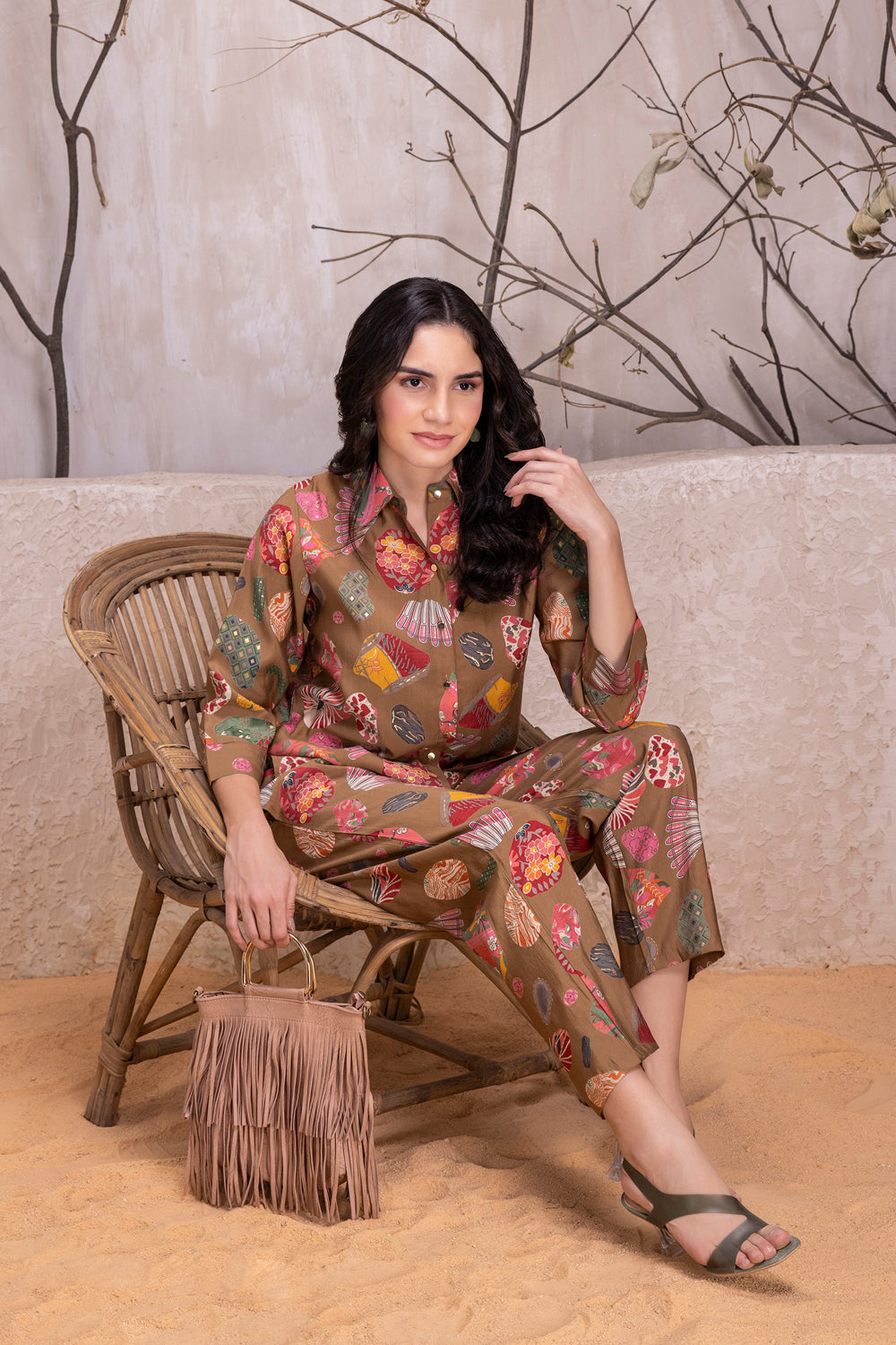 Brown Cotton Co-ord Set With Golden Buttons