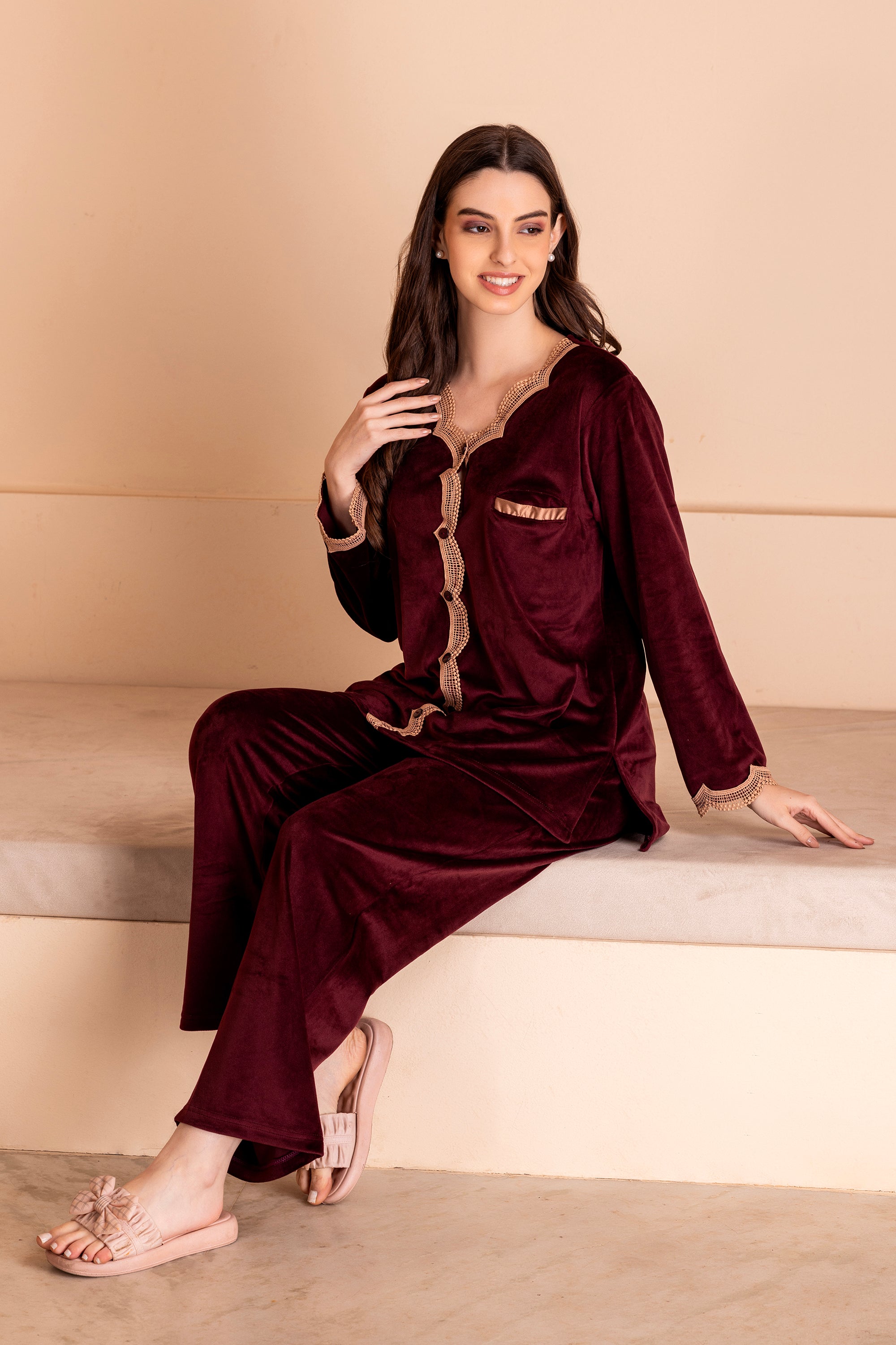ENDRILLA Trending Velvet Collared Night Suit/Shirt Pajama /Sleep Wear To Be  Wear In Winters For
