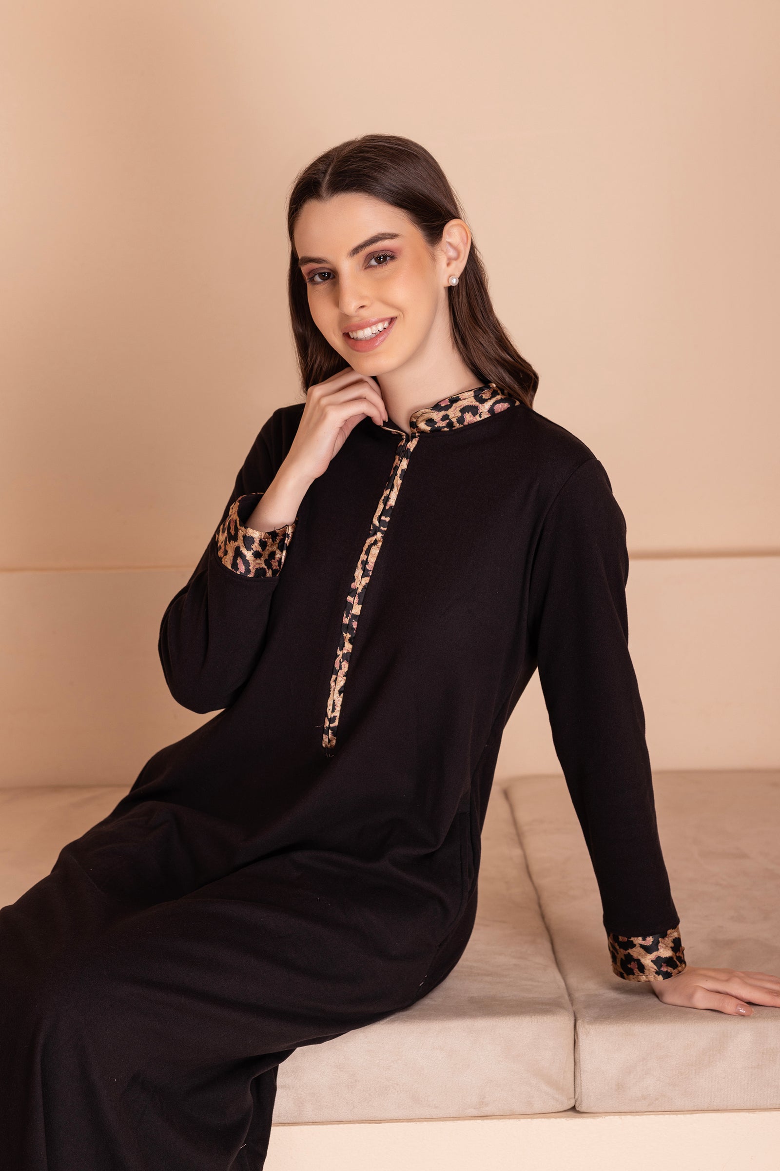 Black woollen nighty with Leopard print trims