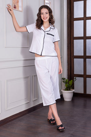 Pure cotton classic collar pj set with black lace