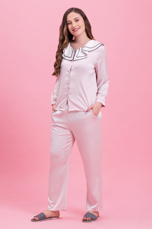 Baby Pink Satin Night suit with Buttons