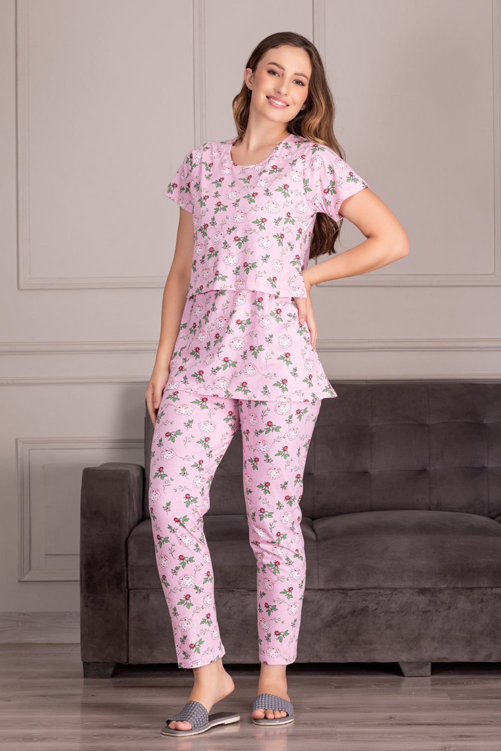 100% Cotton Maternity Night Suit - Leaf Print