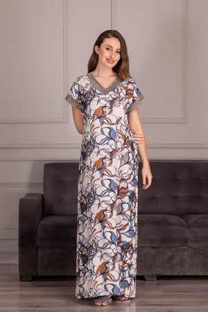 Digital print satin Night dress with lacework