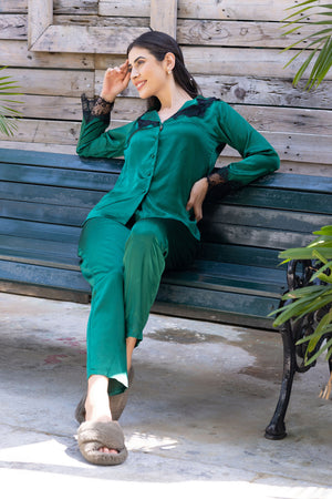 Green satin Pj set with Lace detail