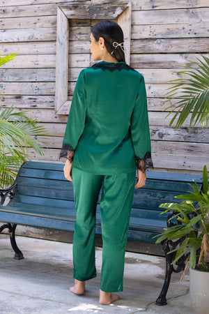 Green satin Pj set with Lace detail