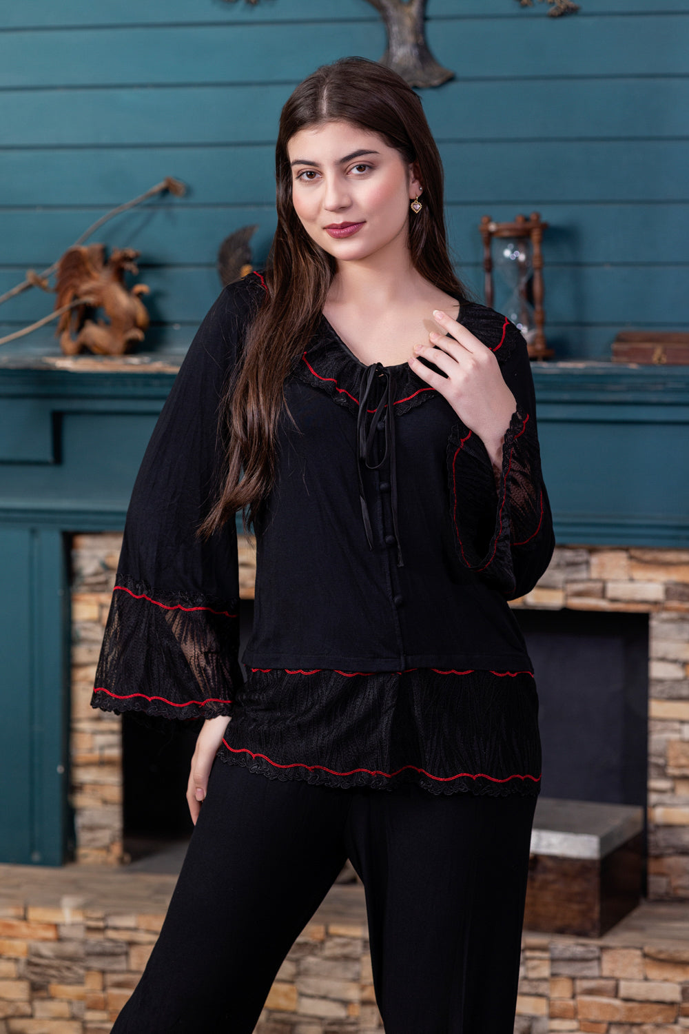 Black Modale Pj set with Lace detail