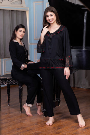 Black Modale Pj set with Lace detail