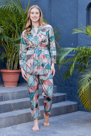 Block Printed Co-ord set In Matt Satin