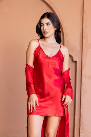 Bridal Red Night set in silky satin