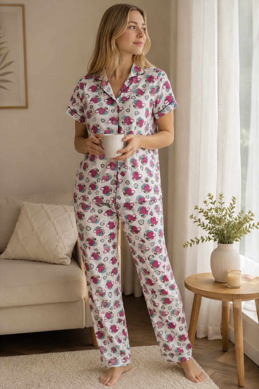 Premium Cotton Printed Night Suit Set – White & Pink