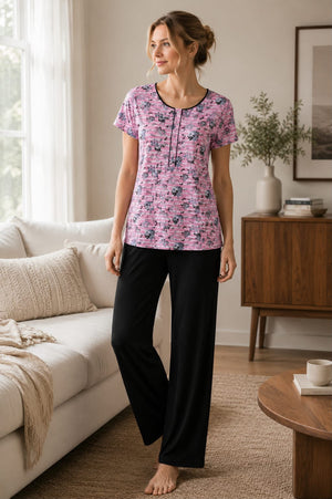 Floral Print Lounge Night Suit Set – Soft Top & Black Pajama - Private Lives