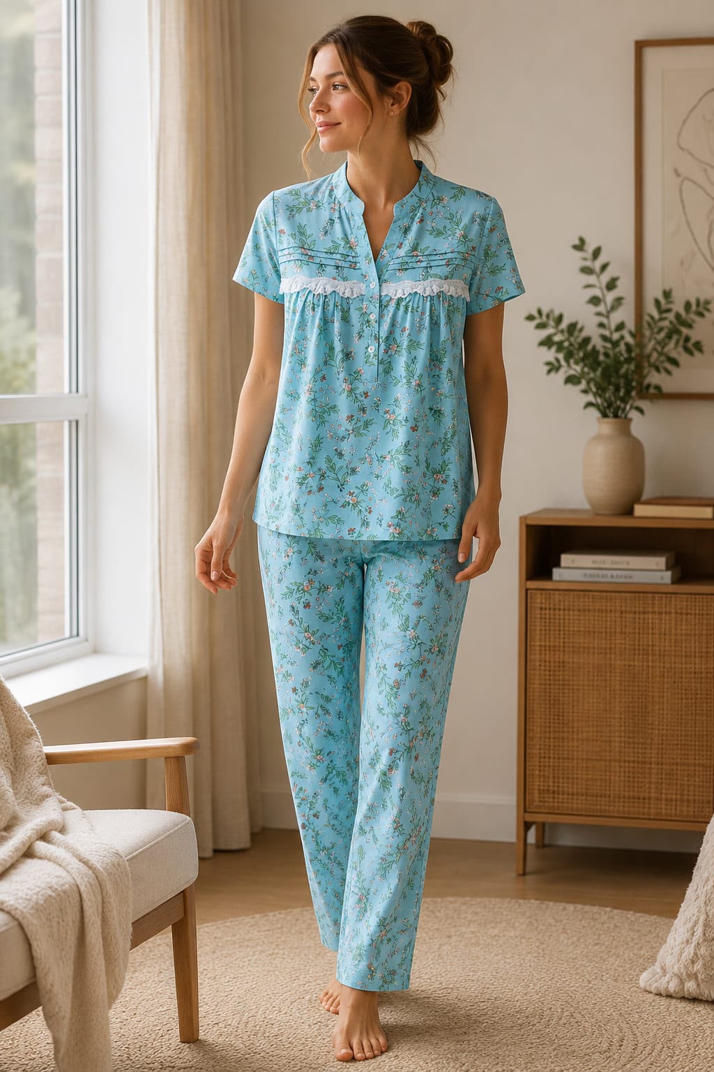 Sky Blossom Lace Trim Cotton Pajama Set