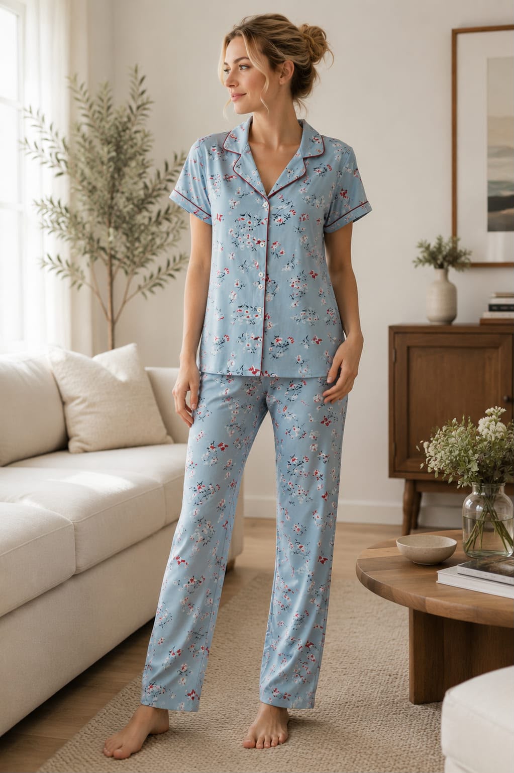 Sky Blue Floral Cotton Blend Night Suit Set