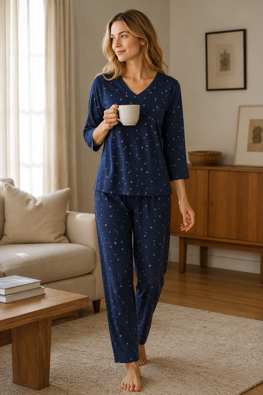 Women’s Navy Blue Printed 3/4 Sleeve Pajama Night Suit Set - Private Lives