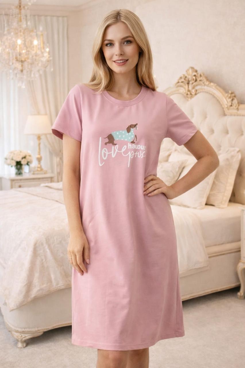 Women’s Printed Cotton Hosiery Short Nighty – Pink