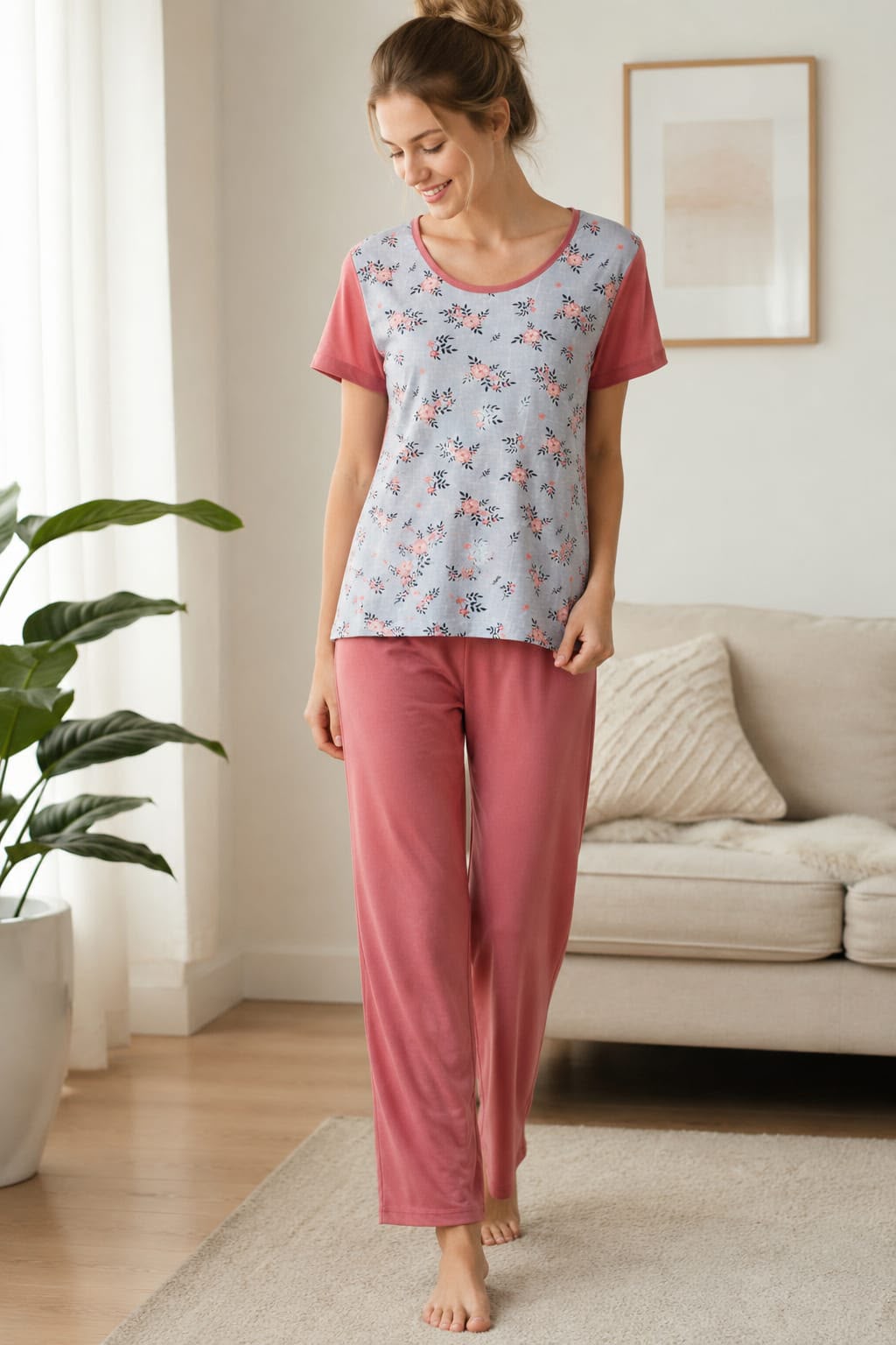Floral Print Cotton Blend Night Suit Set