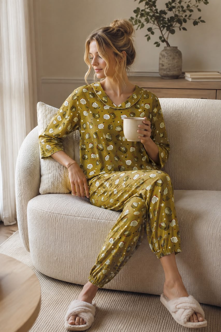 Women’s Mustard Yellow Printed Full-Sleeve Pajama Night Suit Set - Private Lives