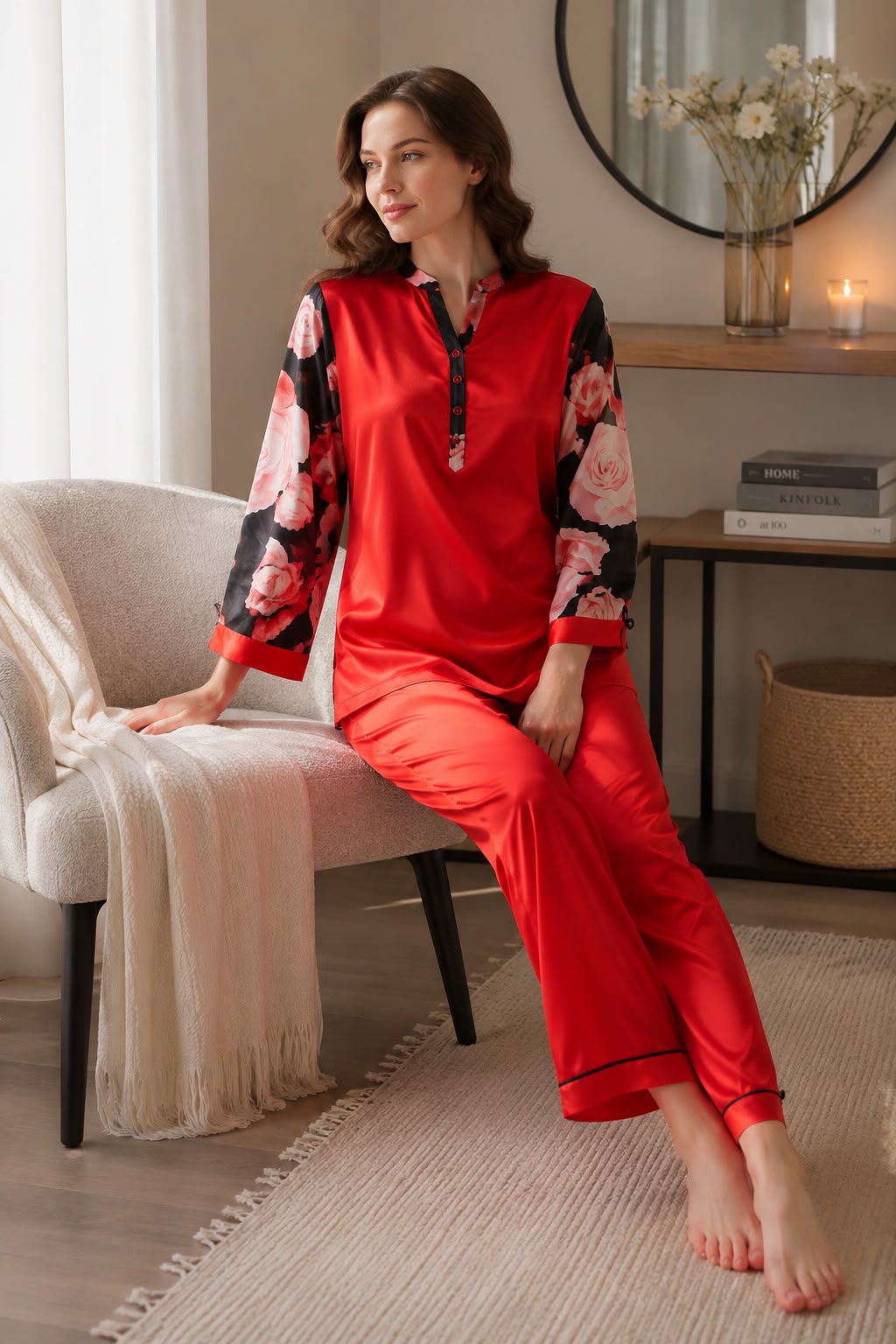 Red Satin Night Suit With Digital Printed Sleeves