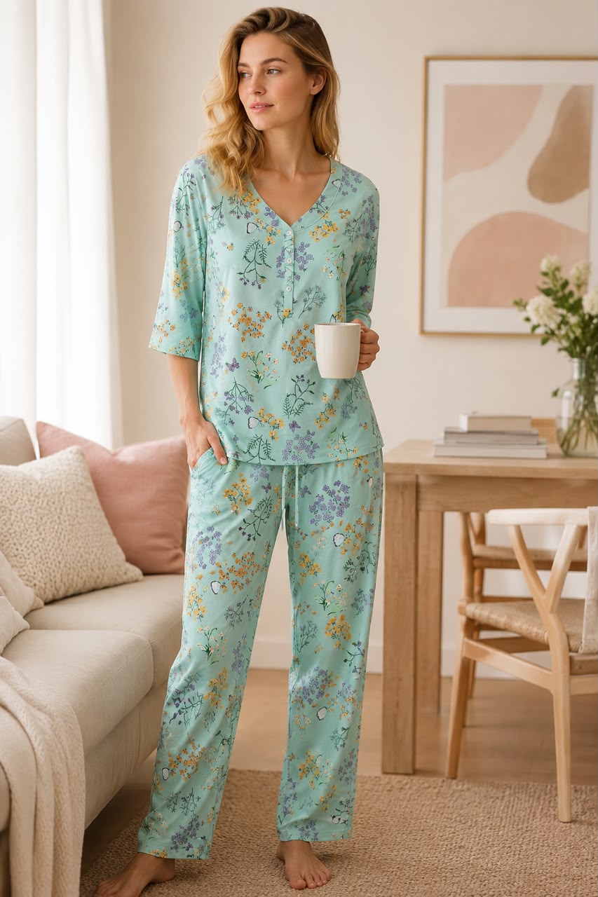 Women’s Mint Green Floral Printed 3/4 Sleeve Pajama Night Suit Set - Private Lives