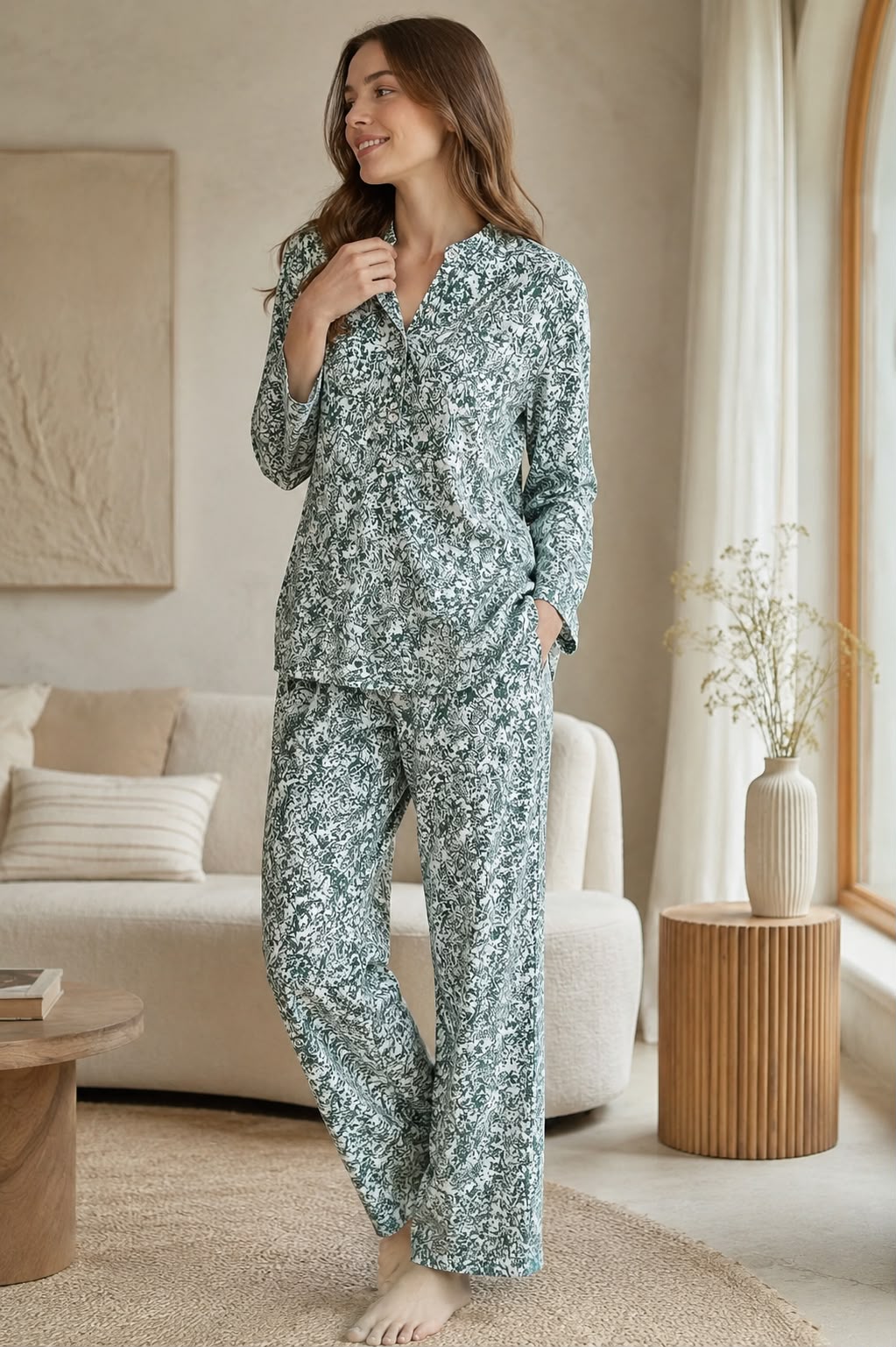 Women’s Green & White Floral Printed Full-Sleeve Pajama Night Suit Set - Private Lives