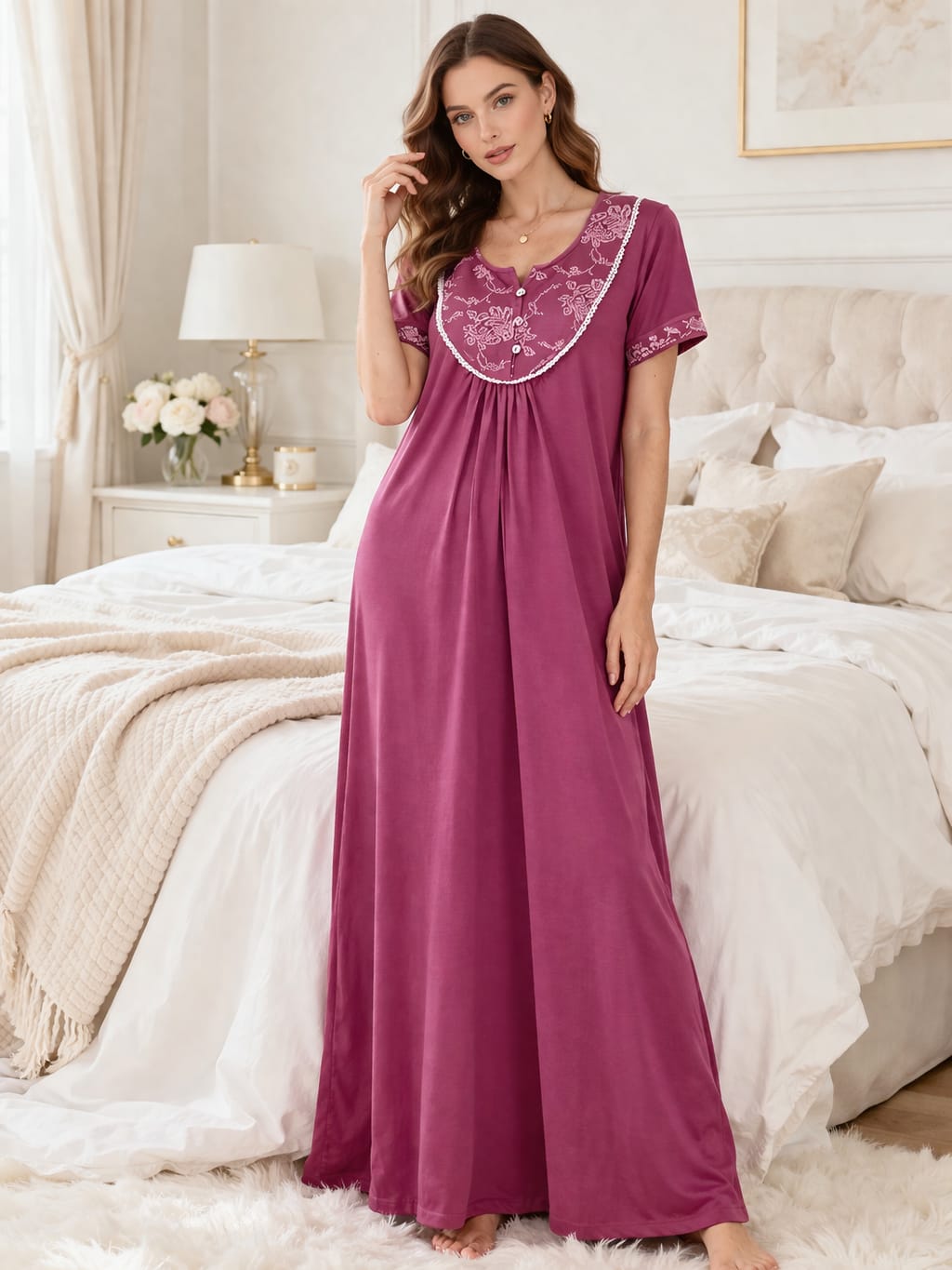 Elegant Embroidered Plum Nighty