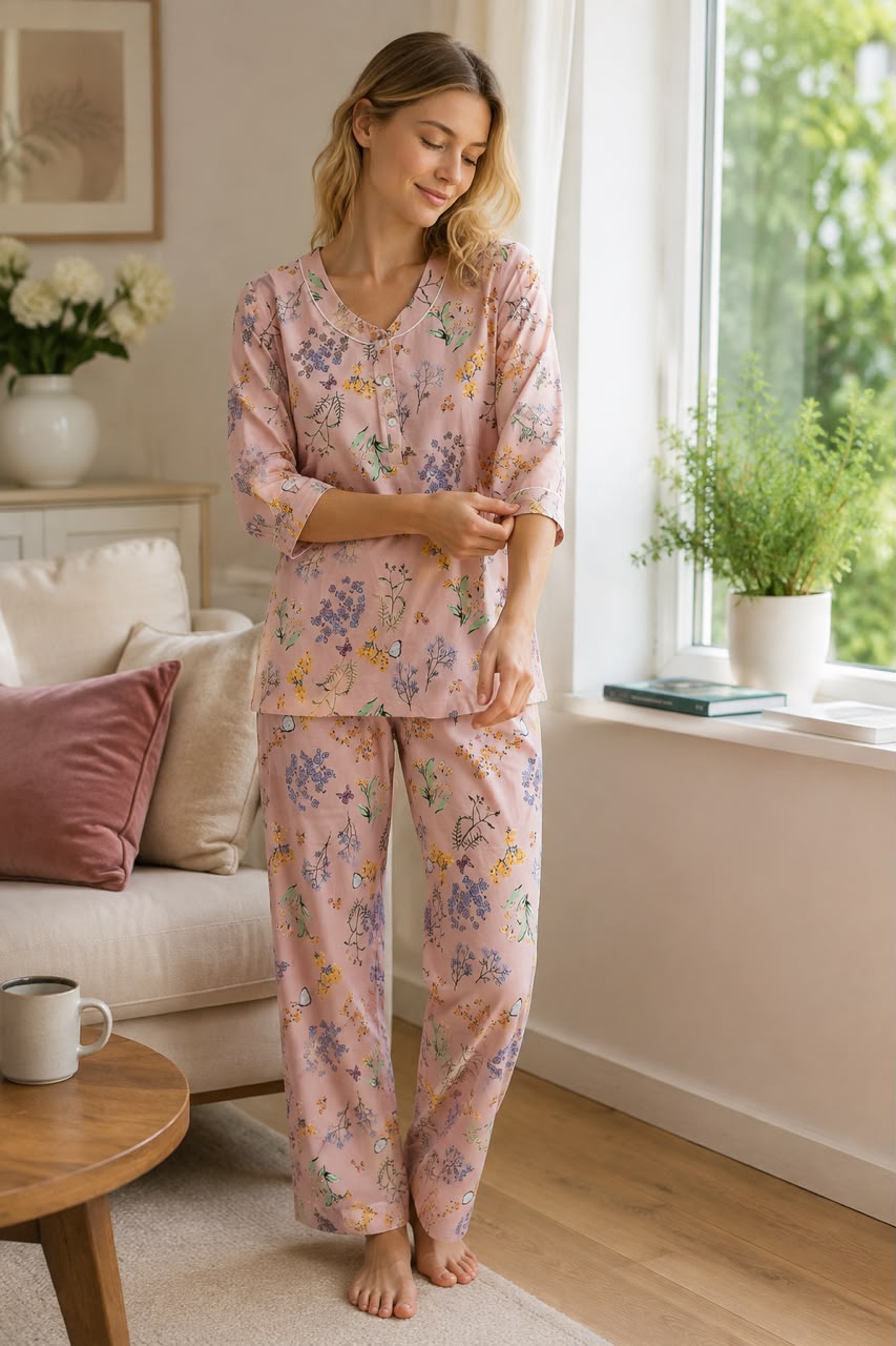 Women’s Pink Floral Printed 3/4 Sleeve Pajama Night Suit Set - Private Lives