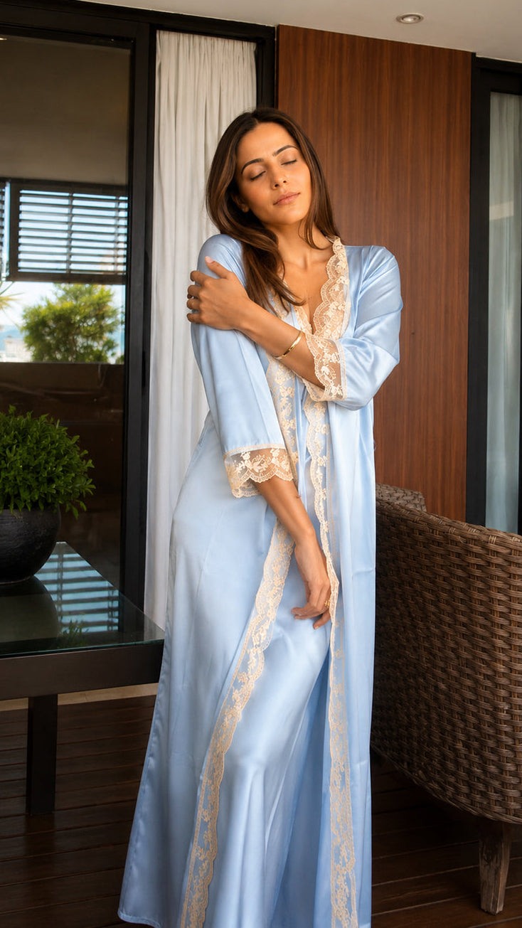Luxe Tiffany Blue Silk Satin Nightgown Set with Gold Lace