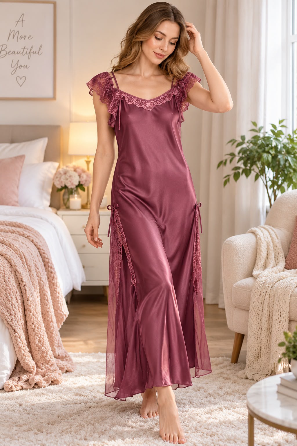 Velvet Rosaline – Luxe Satin Long Nighty