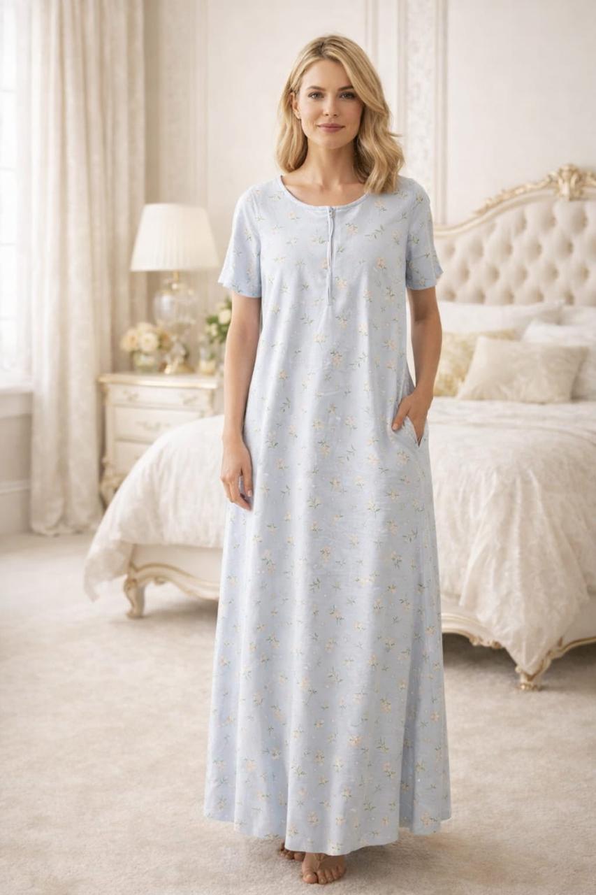 Printed Cotton Hosiery Long Nighty – Light Blue