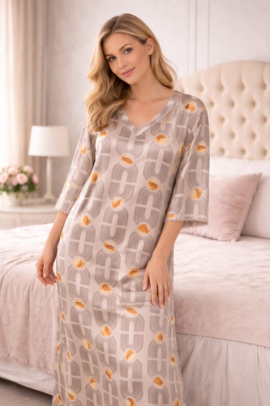 Geometric Print Lace Nighty