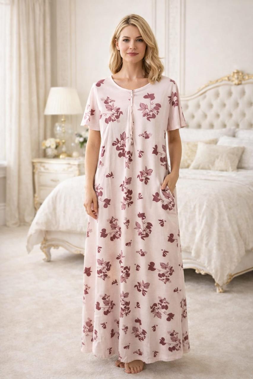 Floral Print Short Sleeve Hosiery Long Nighty