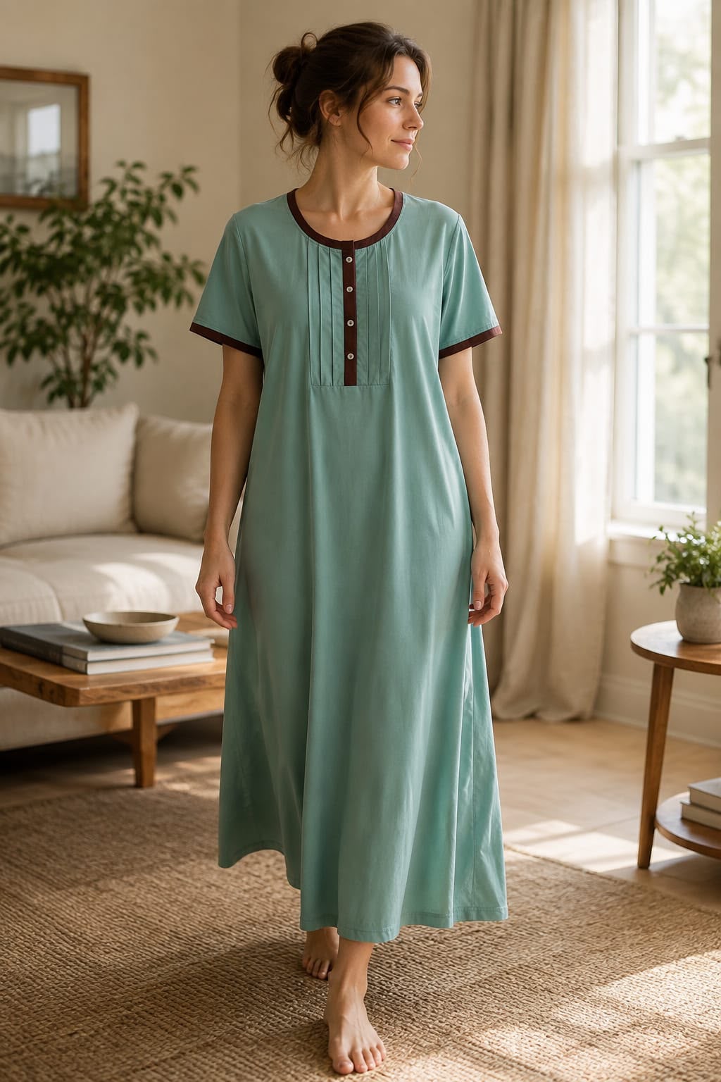 Women’s Mint Green Cotton Nightgown with Contrast Piping