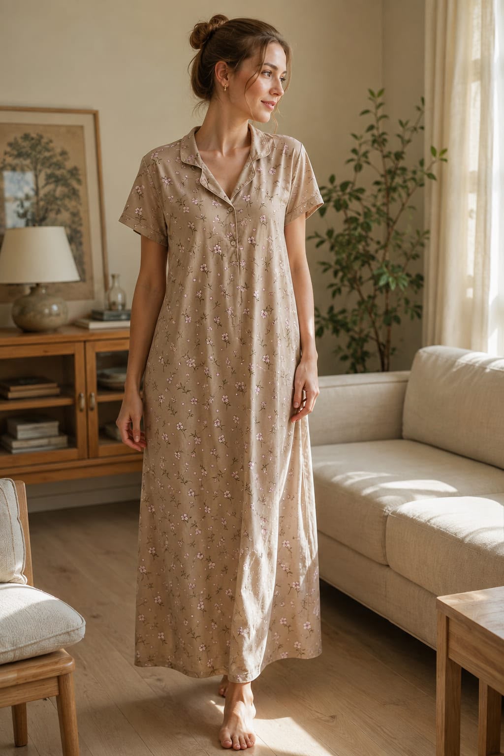 Women’s Beige Floral Print Satin Nightgown with Collared Neck