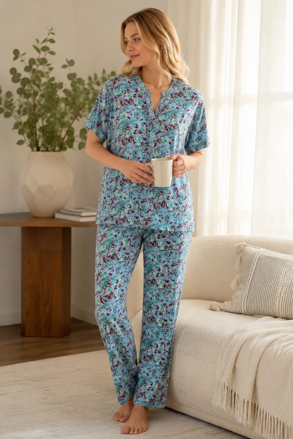 Aqua Blue Botanical Printed Cotton Blend Night Suit Set