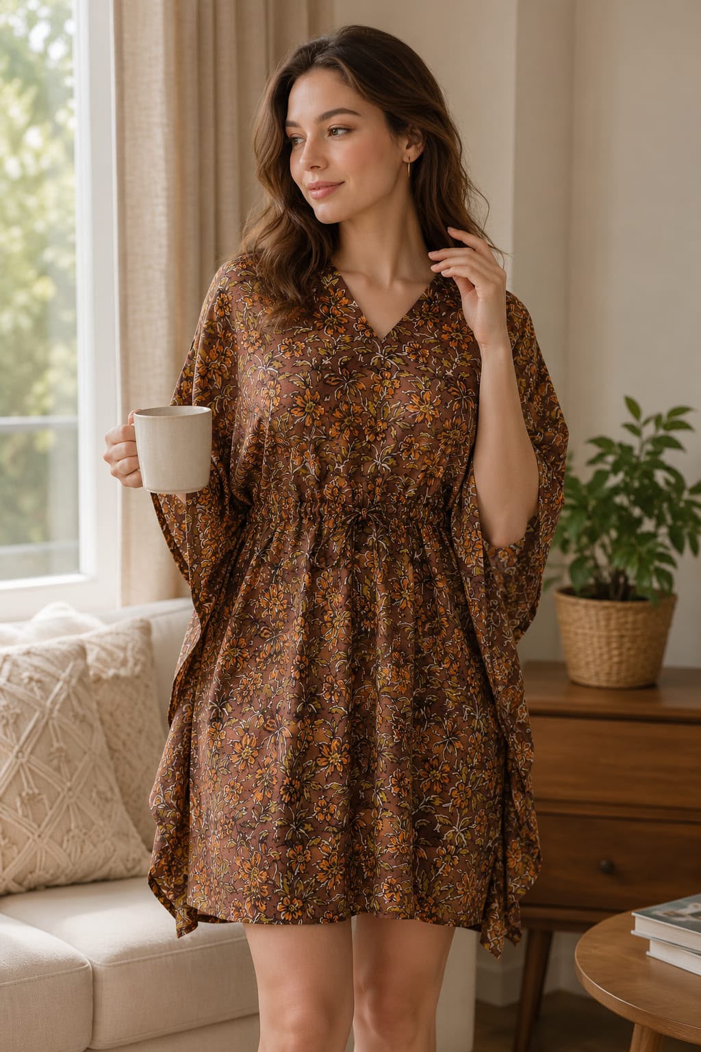 Brown Floral Print Kaftan Short Nighty with Drawstring Waist