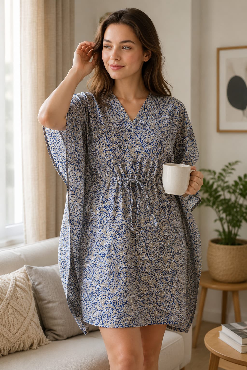Blue Floral Print Kaftan Short Nighty with Drawstring Waist