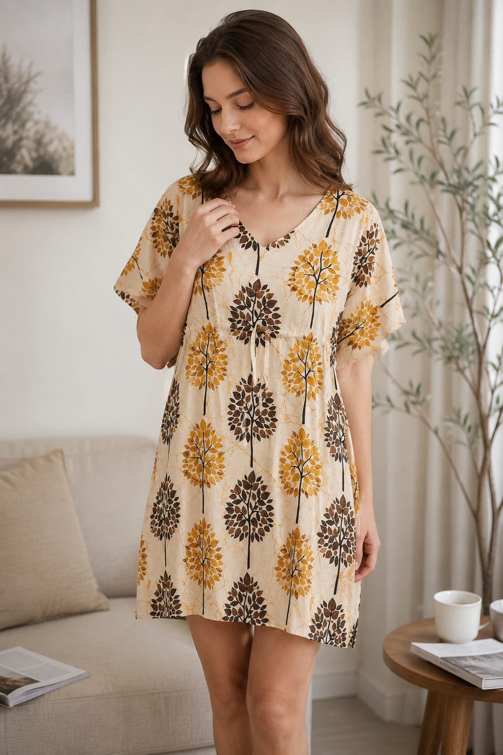 Beige Tree Print Short Nighty with V-Neck