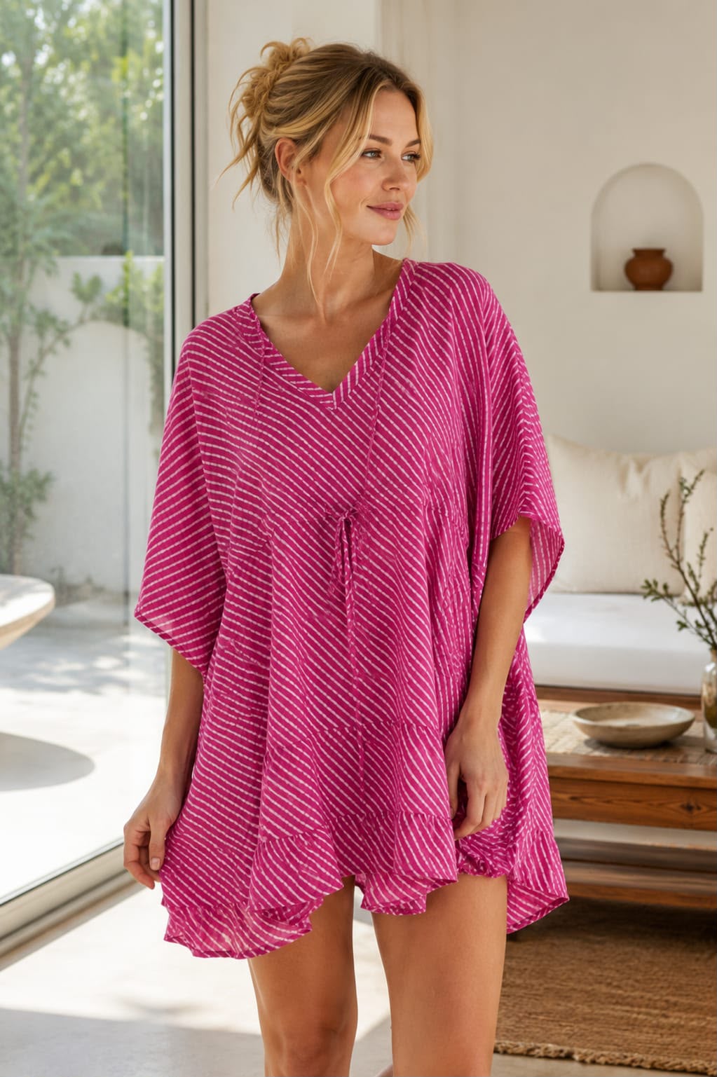Pink Leheriya Print Short Kaftan Nighty