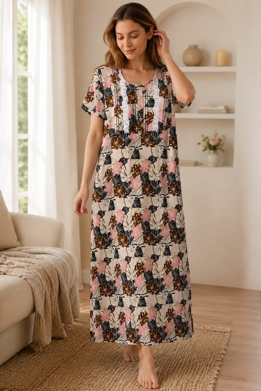 Women's Floral Leaf Print Maxi Nighty with Lace Yoke
