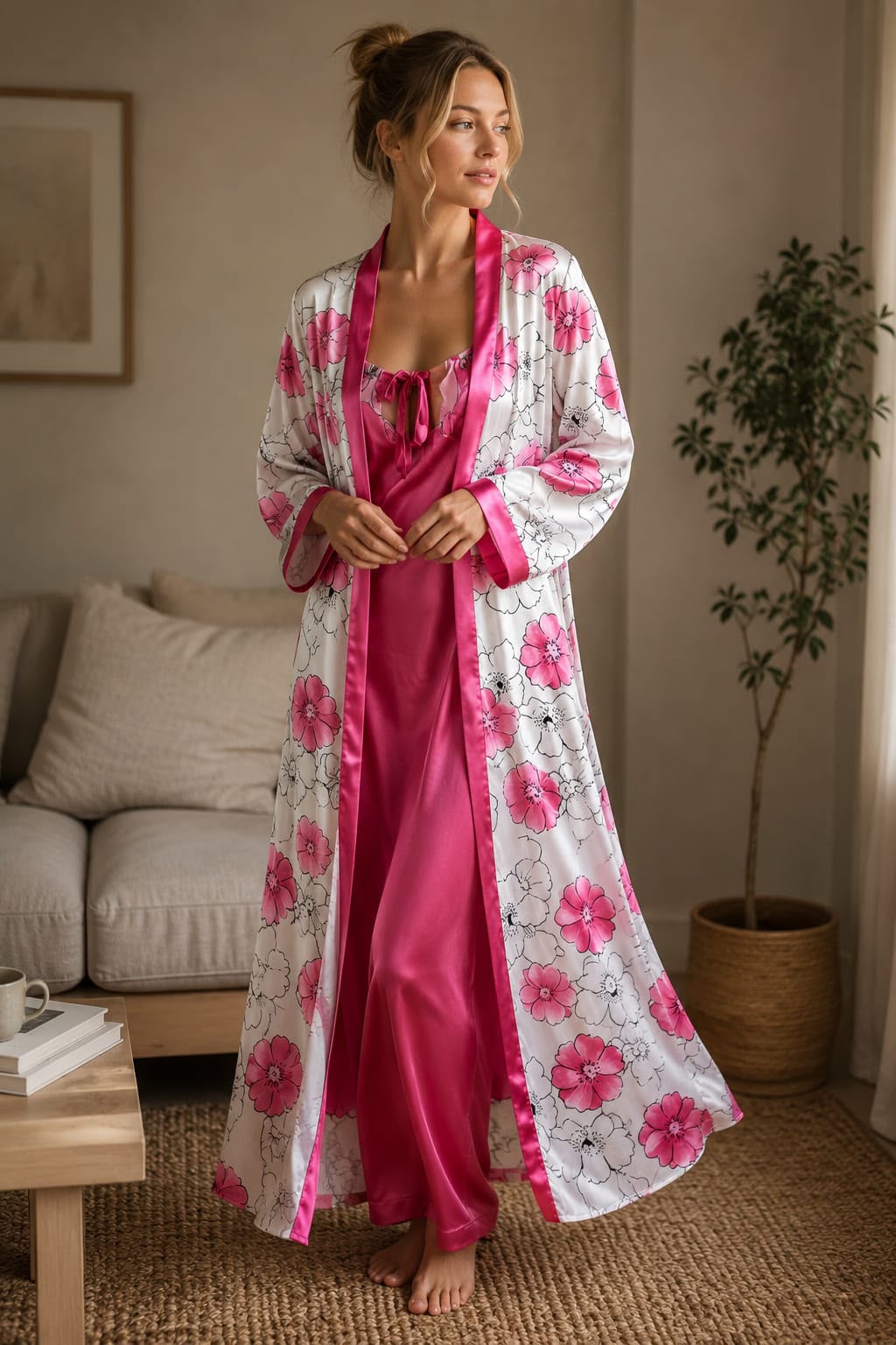 Satin Floral Nighty with Long Robe Set – Pink Blossom